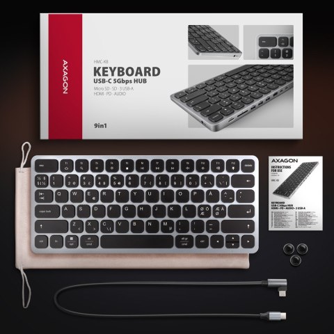 Klawiatura HMC-KB-NRD USB-C 5Gbps z wieloportowy hub 9in1, SD/microSD, 3x USB-A, HDMI 4K/60Hz, PD 100W, Audio, Nordic layout, 60 AXAGON