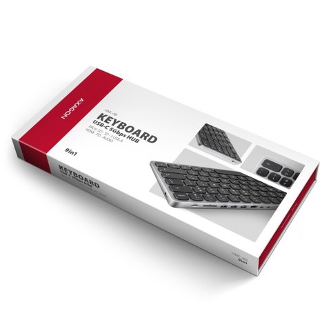 Klawiatura HMC-KB-NRD USB-C 5Gbps z wieloportowy hub 9in1, SD/microSD, 3x USB-A, HDMI 4K/60Hz, PD 100W, Audio, Nordic layout, 60 AXAGON