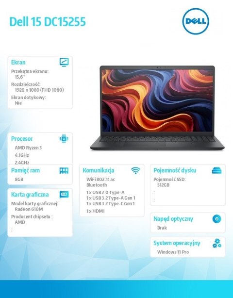 Laptop Dell 15 DC15255 W11P R3-7320U/8GB/512GB SSD/AMD Radeon 610M/WLAN + BT/15.6 FHD/Backlit Kb/3 Cell/65W/3YPS Carbon Black (P Dell