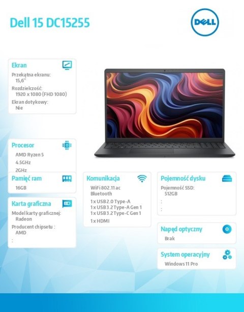 Laptop Dell 15 DC15255 W11P R5-7530U/16GB/512GB SSD/AMD Radeon/WLAN + BT/15.6 FHD/Backlit Kb/3 Cell/65W/3YPS Carbon Black (Plast Dell