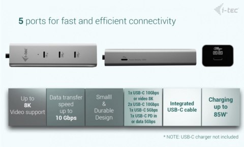 HUB USB-C Charging Metal 5 port with USB-C video 8K + Power Delivery 85W