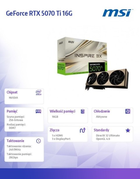 Karta graficzna GeForce RTX 5070 Ti 16G INSPIRE 3X OC PLUS GDDR7 256bit MSI