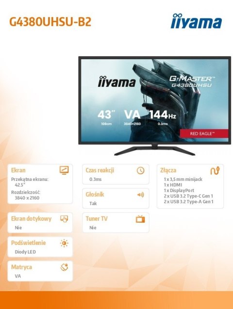 Monitor G-Master 42.5 cala G4380UHSU-B2 4K,VA,2xHDMI,2xDP,0,3ms,144Hz,550cd, 4000:1, USB HUBx4, 2x7W,