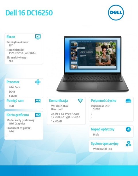 Laptop Dell 16 DC16250 W11P C5 120U/8GB/512GB/16.0 FHD+/Int/FgrPr/WLAN + BT/Backlit Kb/3 Cell/3YPS Carbon Black Dell