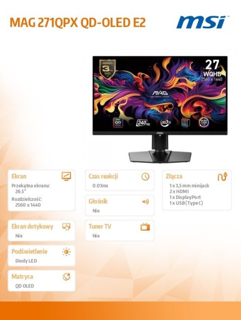 Monitor 26.5 cala MAG 271QPX QD-OLED E2 LED/WQHD/FLAT/240Hz/czarny MSI