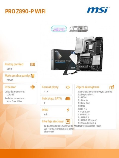 Płyta główna PRO Z890-P WIFI s1851 4DDR5 ATX MSI