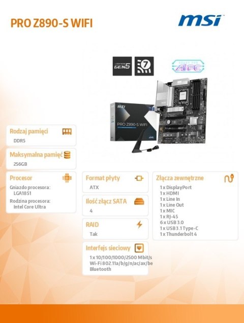 Płyta główna PRO Z890-S WIFI s1851 4DDR5 ATX MSI