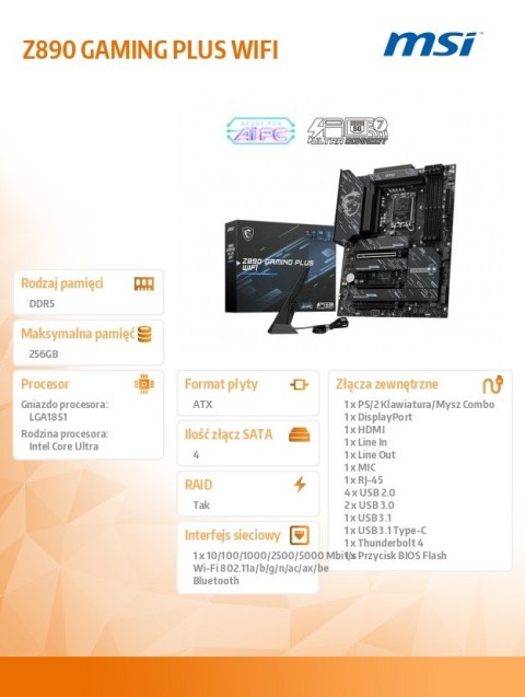 Płyta główna Z890 GAMING PLUS WIFI s1851 4DDR5 ATX MSI