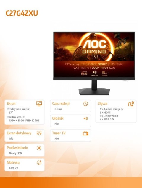 Monitor C27G4ZXU 27 cali Zakrzywiony Fast VA 280Hz HDMIx2 DP HAS