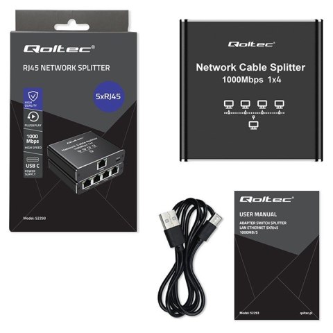 Rozdzielacz splitter Ethernet mini SWITCH 1x4 RJ45 | 1000Mb/s | USB-C | Aluminium