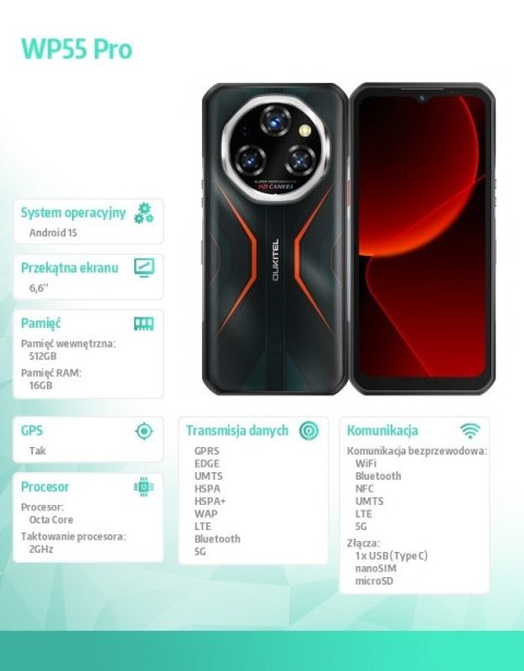Smartfon WP55 Pro 5G 16/512GB IP69K Pomarańczowy