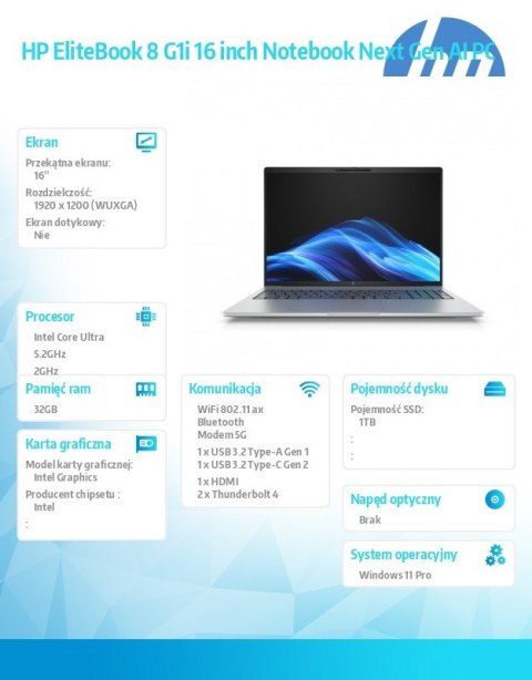 Notebook EliteBook 8 G1i U7-255U 1TB/32GB/W11P/16.0 C51M6ET