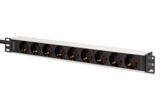 Listwa zasilająca PDU Rack 19", 9 gniazd Schuko CEE 7/3 (45°), kabel 2m wtyk IEC C20, 16A, aluminiowa