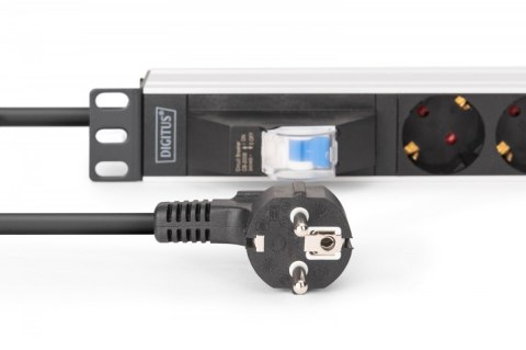 Listwa zasilająca PDU Rack 19" z wyłącznikiem nadprądowym Typ C 16A, 7 gniazd Schuko CEE 7/3 (45°), kabel 1,8m wtyk Unischuko CE