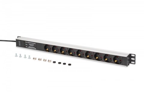 Listwa zasilająca PDU Rack (620mm) z zabezpieczeniem przeciwprzepięciowym + filtr EMI/RFI, 9 gniazd Schuko CEE 7/3 (45°), kabel 
