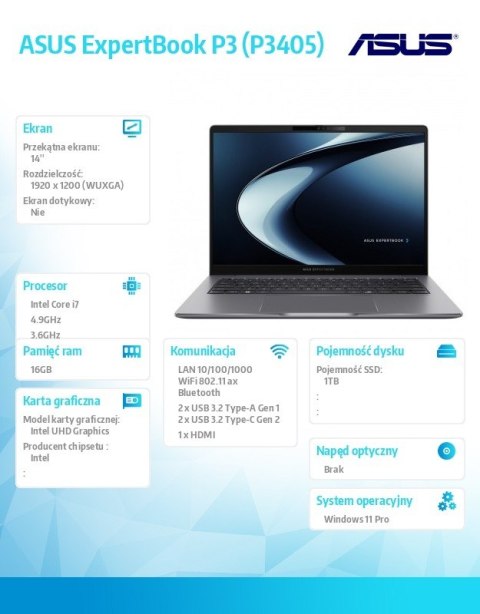 Notebook ExpertBook P3 P3405CVA-LY0112X - i7-13620H/16GB/1TB/14 WUXGA/Win 11PRO/3YRS