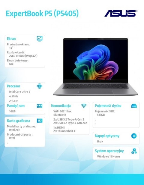 Notebook ExpertBook P5 P5405CSA-NZ0416W Ultra 5 226V/16GB/512GB/14 WQXGA/Win 11Home/3YRS Copilot+PC