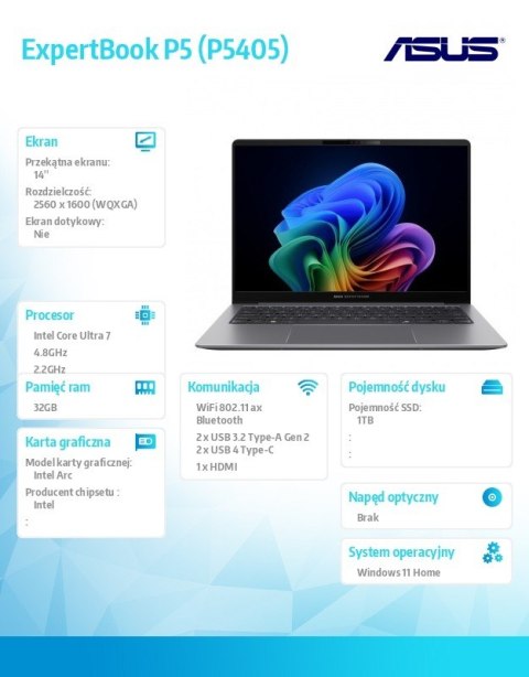 Notebook ExpertBook P5 P5405CSA-NZ0895W Ultra 7 258V/32GB/1TB/14 WQXGA/Win 11Home/3YRS Copilot+PC