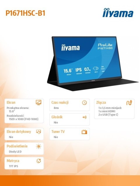 Monitor 15.6 cala P1671HSC-B1 IPS,FHD,miniHDMI,2xUSBC,250cd,8ms,2x1W, 0,7kg