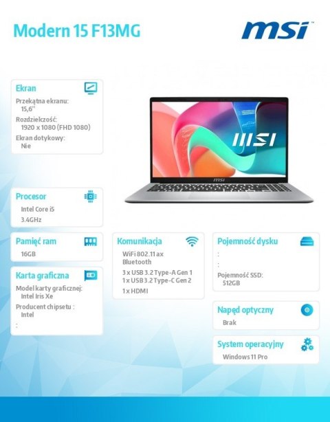Notebook Modern 15 F13MG-443PL WIN11PRO/RLi5-1334U/16GB/512SSD/IrisXe/15.6''/3Y