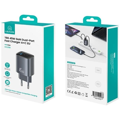Ładowarka sieciowa T66 45W CC290 GaN Fast charge 1xUSB-A 1xUSB-C srebrny