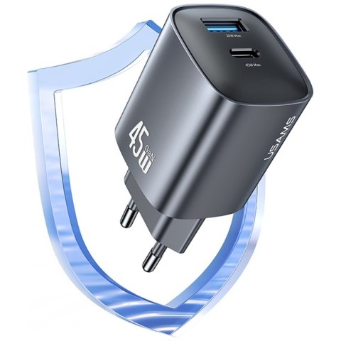 Ładowarka sieciowa T66 45W CC290 GaN Fast charge 1xUSB-A 1xUSB-C srebrny