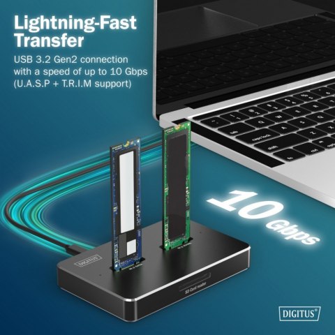 Stacja dokująca USB-C 3.2 Gen2 dla dysków SSD M.2 Duo NVMe oraz SATA (max. 2x 4 TB) z czytnikiem kart SD-Express 7.1 (max. 2 TB)