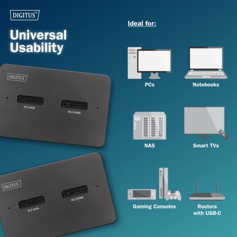 Stacja dokująca USB-C 3.2 Gen2 dla dysków SSD M.2 Duo NVMe oraz SATA (max. 2x 4 TB) z czytnikiem kart SD-Express 7.1 (max. 2 TB)