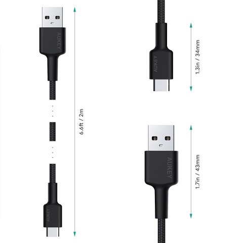 CB-CA2 OEM kabel USB-C - USB-A 2m 60W PD 3A 20V FCP AFC nylonowy oplot czarny