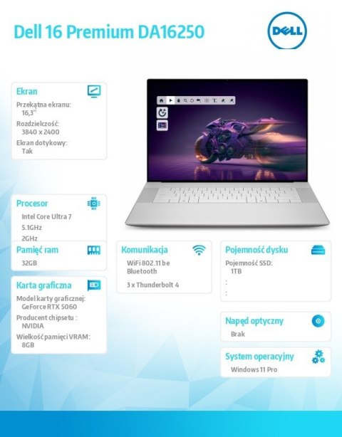 Laptop Dell 16 Premium DA16250 Win11Pro U7-255H|32GB|1TB SSD|NVIDIA GeForce RTX 5060, 8GB GDDR7|WLAN + BT|16.3 OLED TOuch|Backli