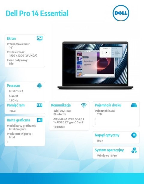 Laptop Dell Pro 14 Essential PV14250 W11P C7-150U|16GB|1TB|Intel Graph|FgrPr|WLAN+BT|14.0 FHD+|BcklKb|4C|65W|3YPS Platinum Silve