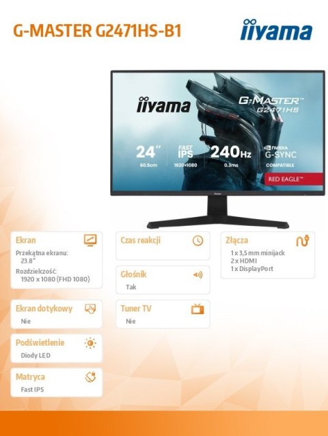 Monitor 23,8 cala G2471HS-B1 Fast IPS,FHD,240Hz,2xHDMI,DP, 350cd, Adaptive G-SYNC - 1920 x 1080 @48-240Hz DisplayPort Only