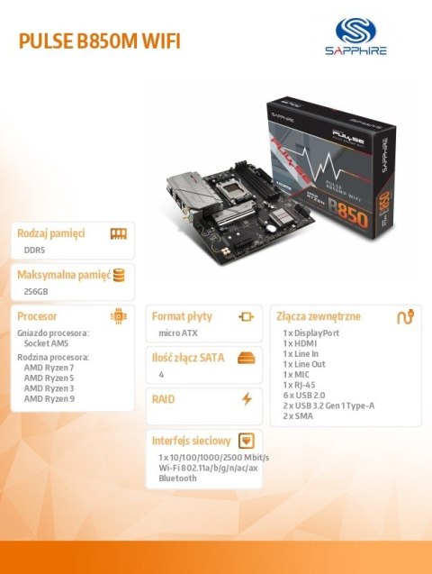 Płyta główna PULSE B850M WIFI AM5 4DDR5 mATX