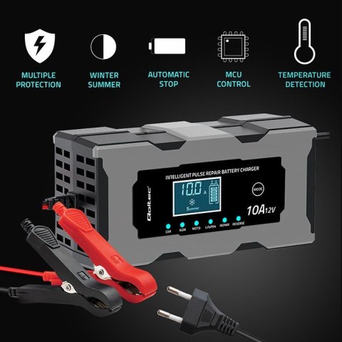 Mikroprocesorowa ładowarka 12V 10A | Prostownik z funkcją naprawy do akumulatora AGM GEL LiFePO4 | LCD