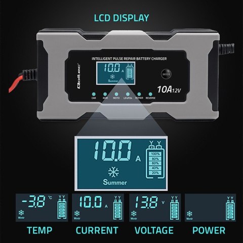 Mikroprocesorowa ładowarka 12V 10A | Prostownik z funkcją naprawy do akumulatora AGM GEL LiFePO4 | LCD
