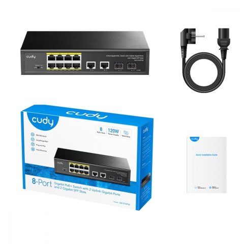 Przełącznik GS1010P 8-Port Gigabit PoE+ Switch with 2 Gigabit Uplink ports and 2 Gigabit SFP slot 120W