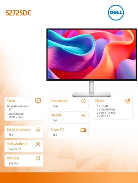 Monitor 27 cali S2725DC QHD IPS/2560x1440/HDMI/DP/3Y