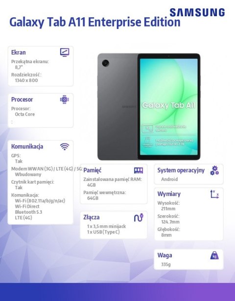 Tablet Galaxy Tab A11 X135 4G 8.7 cala 4/64 GB Szary Enterprise Edition