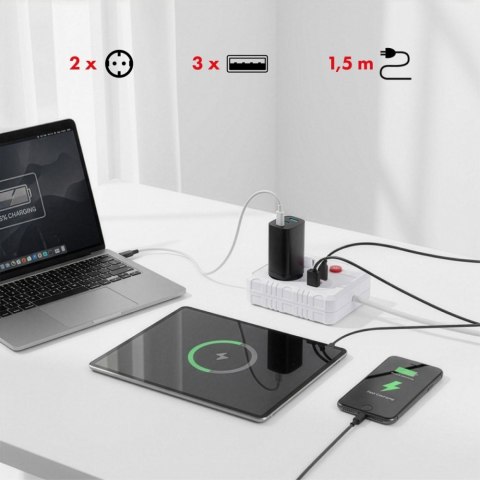 Listwa zasilająca 2 gniazda MCE387 W 3xUSB, 110-240V AC 50/60Hz, 2.1A max 2500W, 1.5m, biała