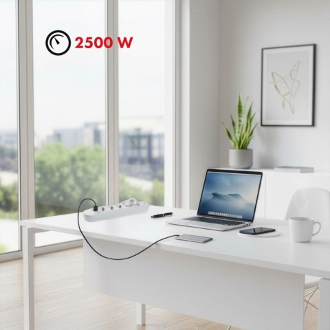 Listwa zasilająca 5 gniazd MCE395 W 3xUSB, 110-240v AC 50/60Hz, 2,1A max 2500W, biała