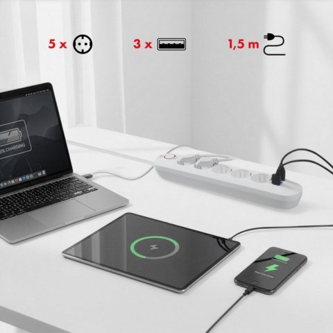 Listwa zasilająca 5 gniazd MCE395 W 3xUSB, 110-240v AC 50/60Hz, 2,1A max 2500W, biała