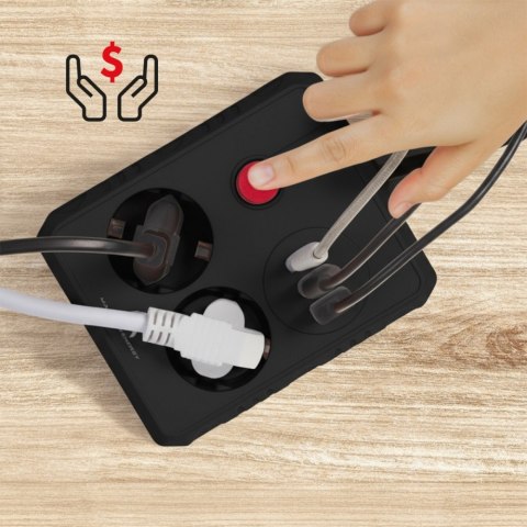 Listwa zasilająca MCE387 B 2 gniazda 3xUSB, 110-240V AC 50/60Hz 2,1A max 2500W, 1,5m czarna