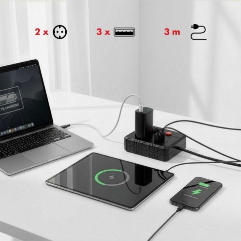 Listwa zasilająca MCE388 B 2 gniazda, 3xUSB, 110-240V AC 50/60Hz, 2.1A max 2500W, 3m czarna