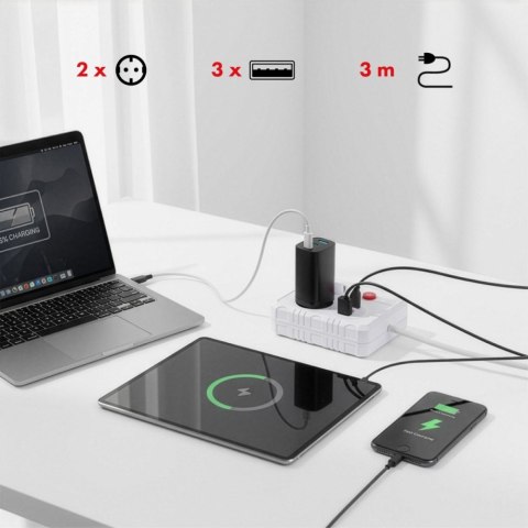 Listwa zasilająca, MCE388 W 2 gniazda, 3xUSB, 110-240V AC 50/60Hz, 2.1A max 2500W, 3m biała