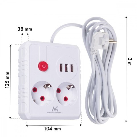 Listwa zasilająca, MCE388 W 2 gniazda, 3xUSB, 110-240V AC 50/60Hz, 2.1A max 2500W, 3m biała