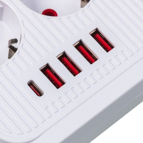 Listwa zasilająca MCE391 W 6 gniazd 4xUSB-A 1xUSB-C 110-240V AC 50/60Hz, 2.1A max 2500W, biała