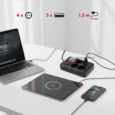 Listwa zasilająca MCE392 B, 4 gniazda 3xUSB, 110-240V AC 50/60Hz, 2.1A max 2500W, 1,5m czarna