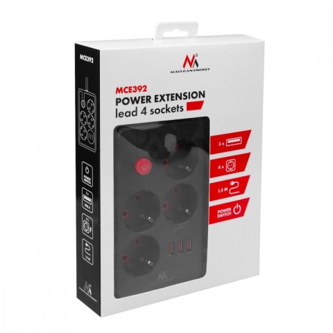Listwa zasilająca MCE392 B, 4 gniazda 3xUSB, 110-240V AC 50/60Hz, 2.1A max 2500W, 1,5m czarna