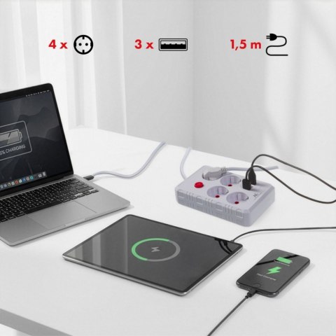 Listwa zasilająca MCE392 W 4 gniazda 3xUSB, 110-240V AC 50/60Hz, 2.1A max 2500W 1,5m biała