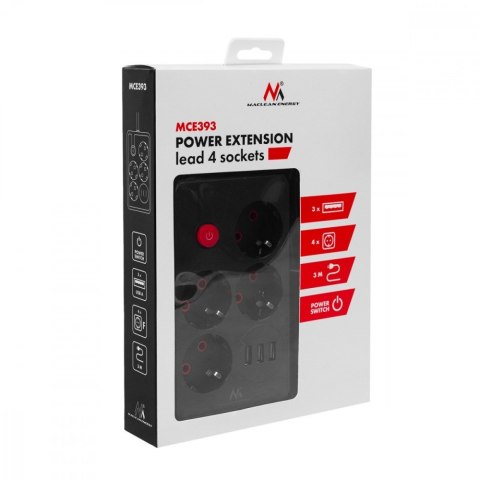 Listwa zasilająca MCE393 B 4 gniazda 3xUSB 110-240V AV 50/60Hz 1A max 2500W 3m czarna